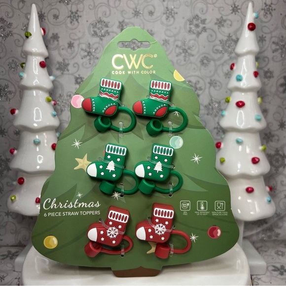CWC Christmas Holiday Decorated Stocking Silicone Straw Toppers - Set Of 6 - Picture 1 of 6